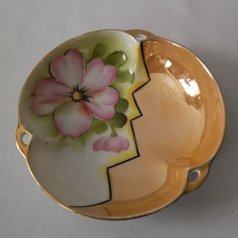 Vintage Noritake Peach Luster and Pink Floral Trinket Bowl Hand-painted